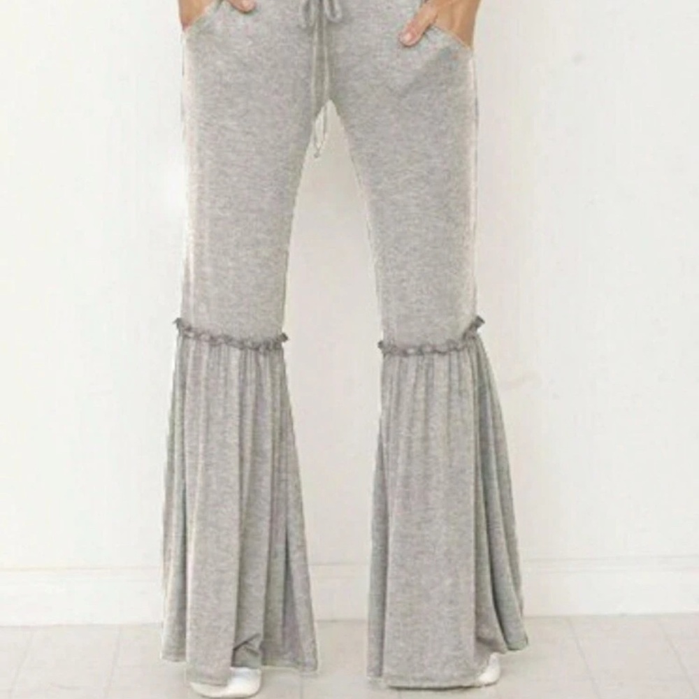 Solid Color Drawstring Wide Leg Bell Bottom Ruffle Lounge Pants